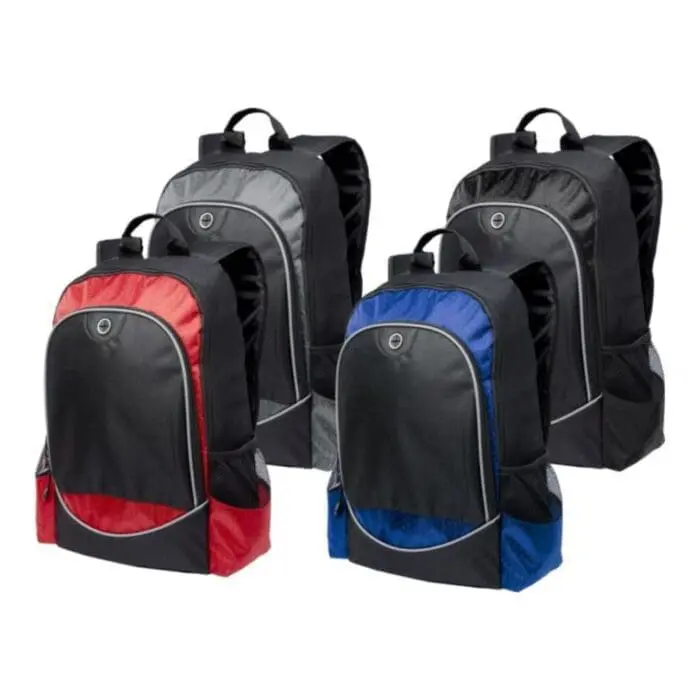 Branded case logic laptop backpack 25L in black, blue, grey and red with printed logo