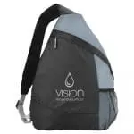 Promotional sling backpack 10L in black and grey with printed logo