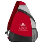 Branded sling backpack 10L in red, black and grey with printed logo