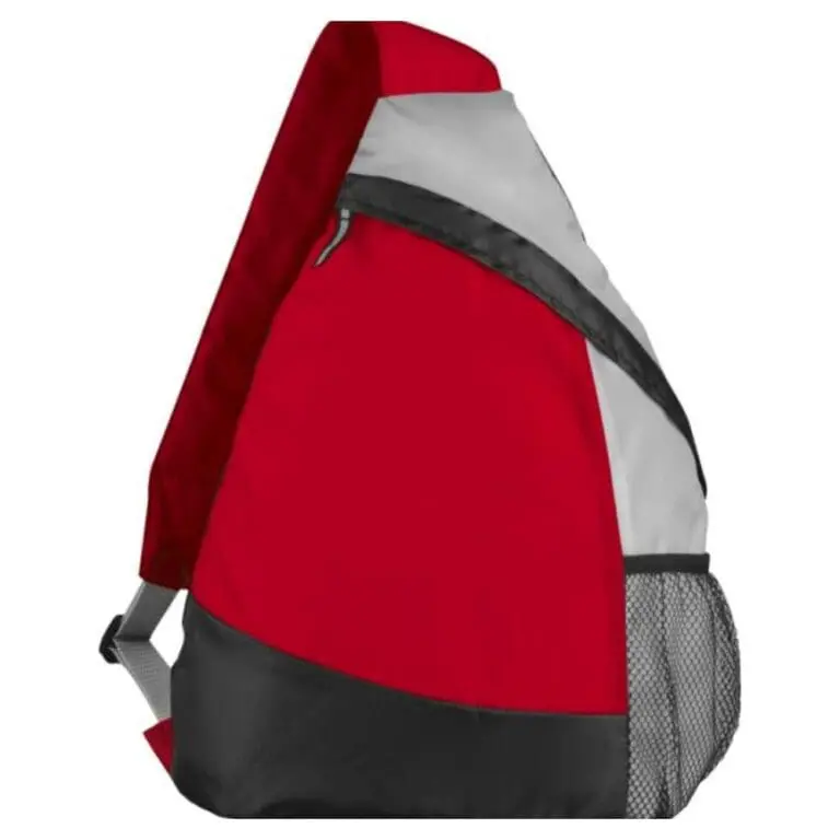 Promotional sling backpack 10L in red, black and grey with printed logo