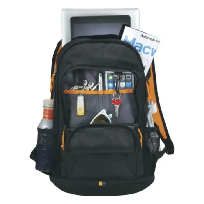 Branded case logic laptop backpack in black with orange trim and printed logo