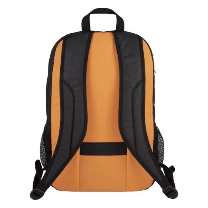 Branded case logic laptop backpack in orange with black trim and printed logo