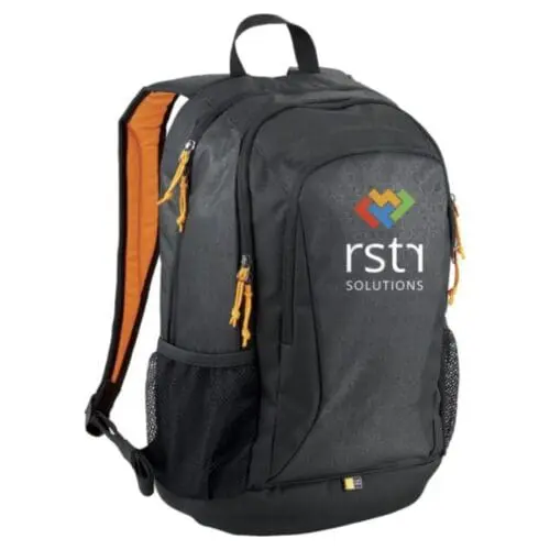 Branded case logic laptop backpack in black with orange trim and printed logo