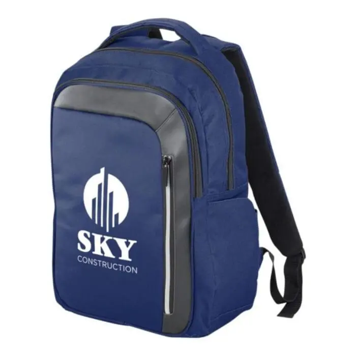 Promotional case logic laptop backpack in blue and black with printed logo