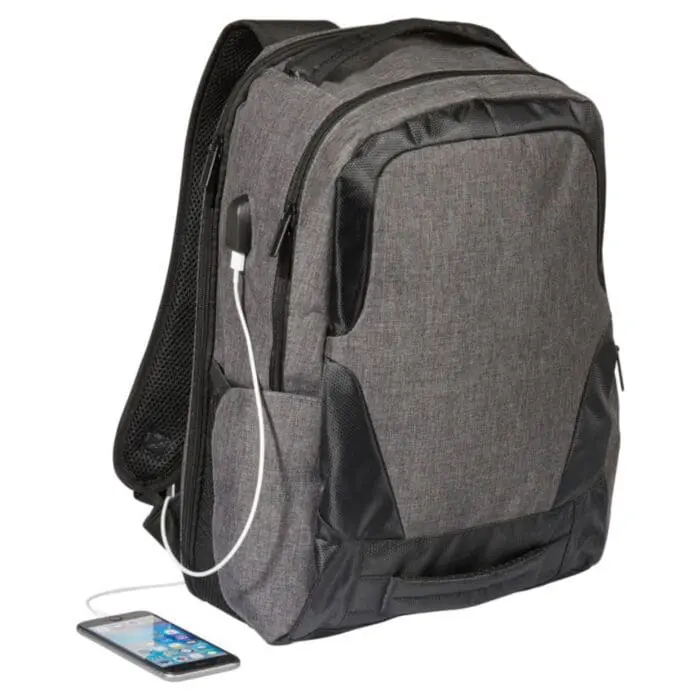 Branded case logic laptop backpack in grey with black trim and printed logo