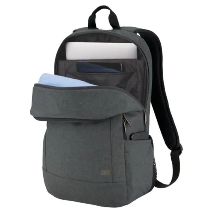 Branded case logic laptop backpack in grey with black trim and printed logo