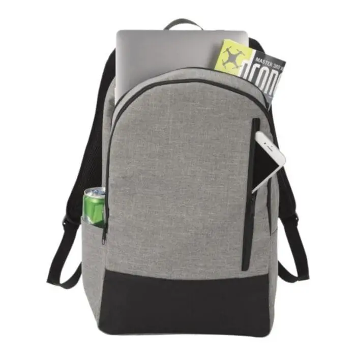 Promotional case logic laptop backpack in grey with black trim and printed logo