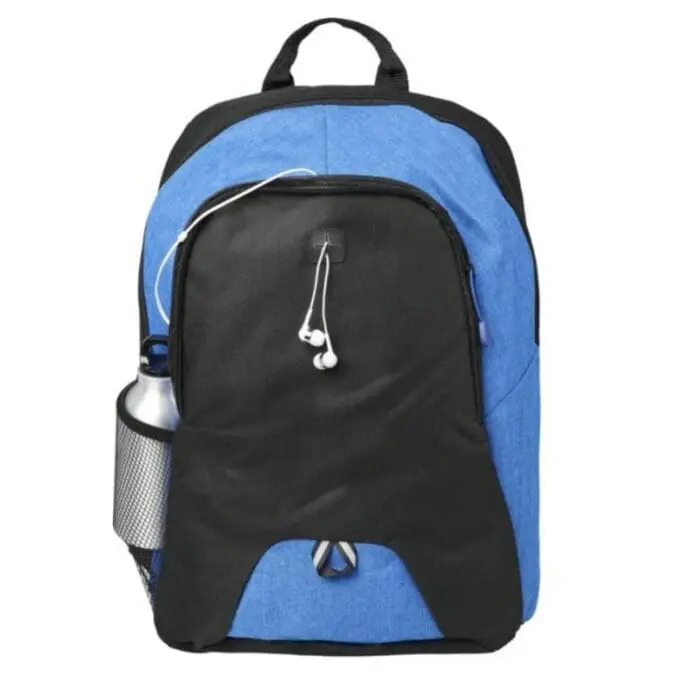 Branded case logic laptop backpack in black and blue with printed logo