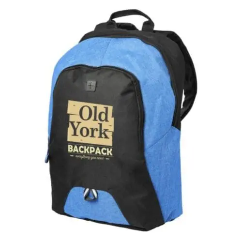 Branded case logic laptop backpack in black and blue with printed logo