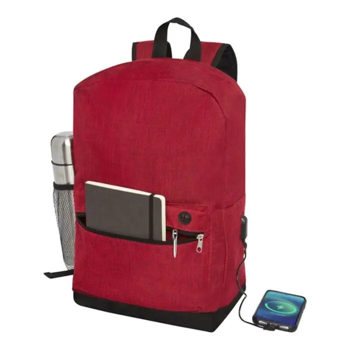 Promotional case logic laptop backpack in red with black trim and printed logo