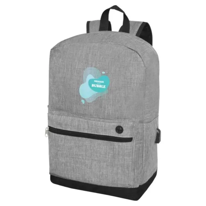 Branded case logic laptop backpack in grey with black trim and printed logo