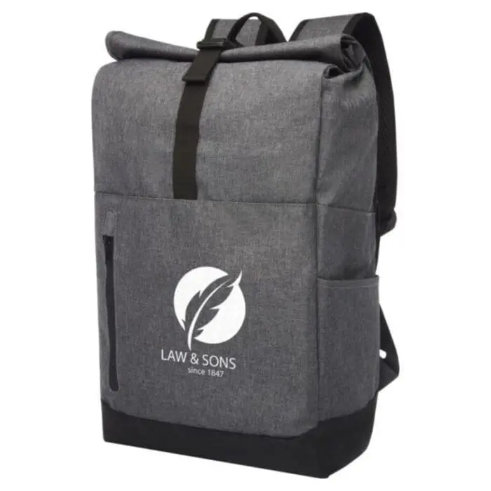 Promotional case logic laptop backpack in grey and black with printed logo