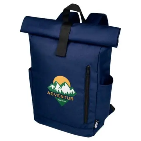 Promotional Byron GRS RPET Roll-Top Backpack 18L in navy blue with printed logo