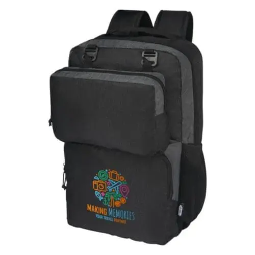 Branded case logic laptop backpack in grey and black with printed logo