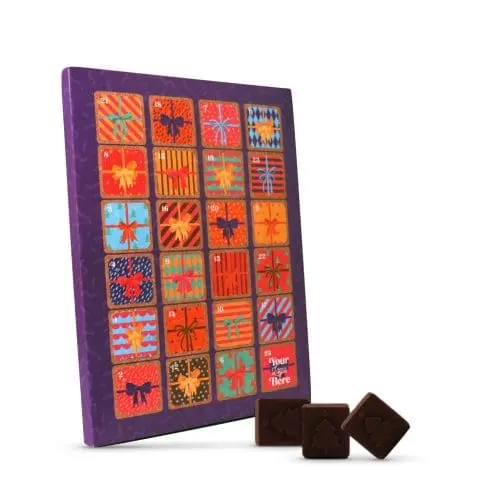 Promotional A4 advent calendar with vegan dark chocolate printed with logo or designs