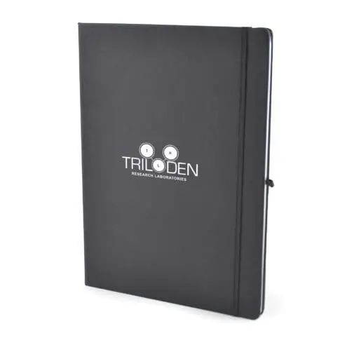 Promotional A4 soft touch notebook in black with elastic closure and printed logo