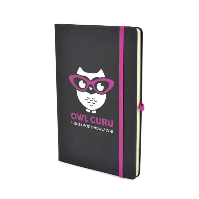 Promotional A5 Bowland notebook with pink elastic closure and printed logo