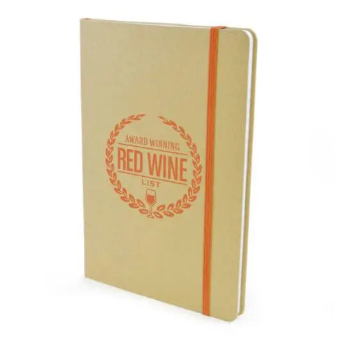 Promotional A5 natural recycled notebook with orange page holder and printed logo