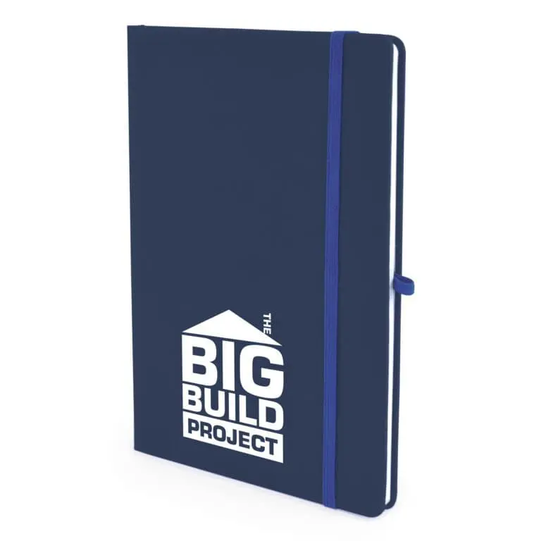 Promotional A5 soft touch notebook in navy blue with elastic closure and printed logo