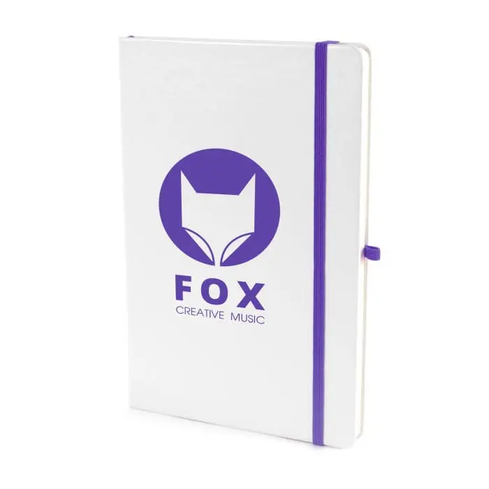 Branded A5 White Notebook with Purple Elastic Closure Band