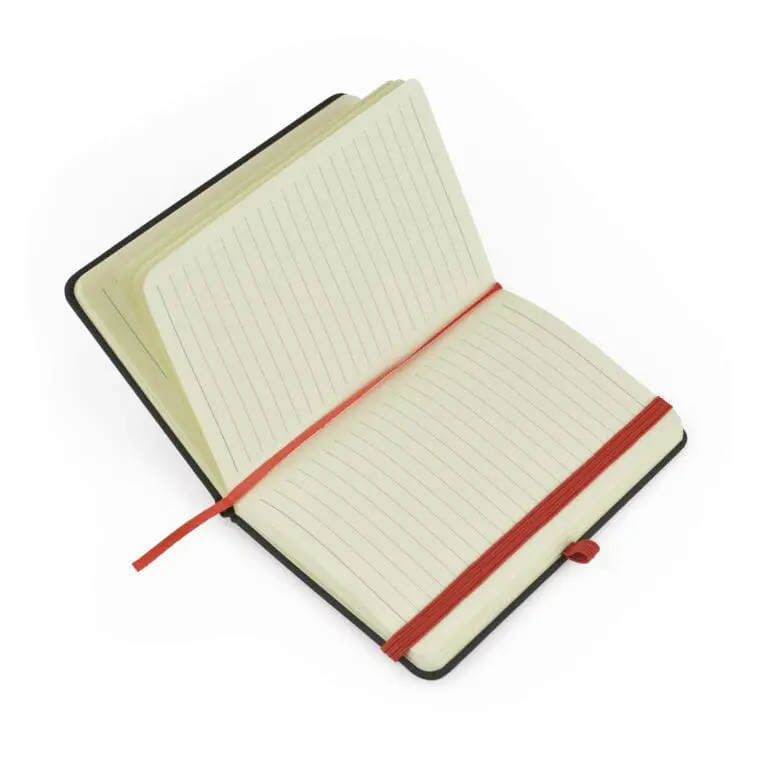 Branded Bowland A6 notebook with orange elastic closure and lined paper with logo