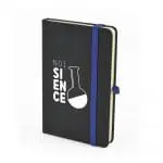 Promotional Bowland A6 notebook with blue elastic closure and printed logo