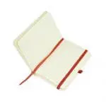 Branded A6 White Notebook with Coloured Closure Band, open showing lined paper inside and ribbon bookmark