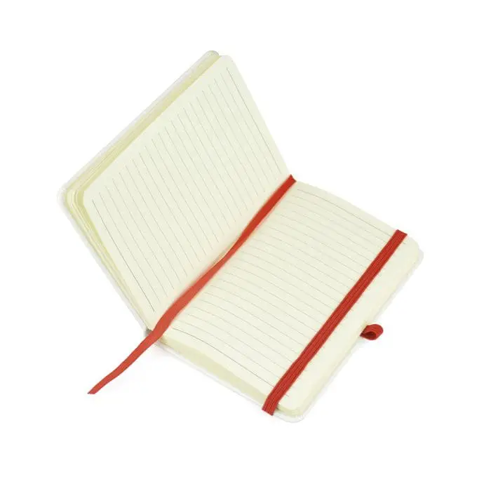 Branded A6 White Notebook with Coloured Closure Band, open showing lined paper inside and ribbon bookmark