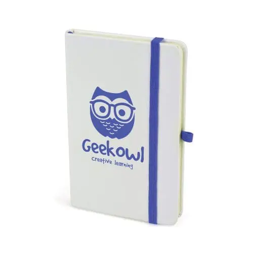 Branded A6 White Notebook with Blue Closure Band