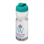 Promotional Active Base Tritan Flip Lid Bottle in clear with aqua lid and printed logo or design