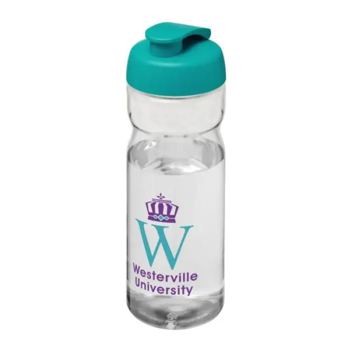 Promotional Active Base Tritan Flip Lid Bottle in clear with aqua lid and printed logo or design