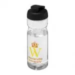 Promotional Active Base Tritan Flip Lid Bottle in clear with black lid and printed logo or design