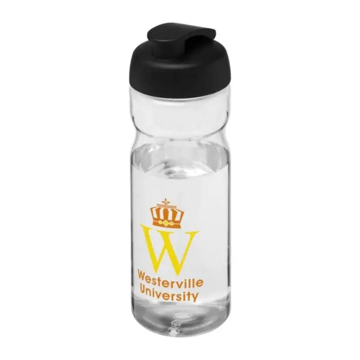 Promotional Active Base Tritan Flip Lid Bottle in clear with black lid and printed logo or design