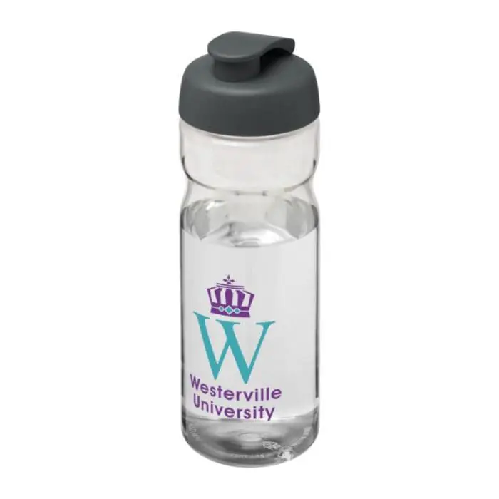 Promotional Active Base Tritan Flip Lid Bottle in clear with grey lid and printed logo or design