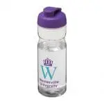 Promotional Active Base Tritan Flip Lid Bottle in clear with purple lid and printed logo or design