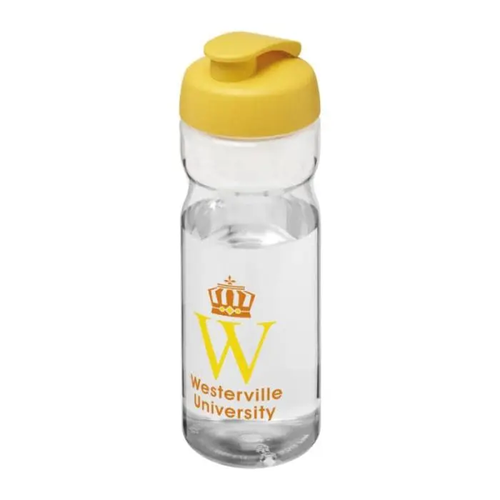 Printed Active Base Tritan Flip Lid Bottle in clear with yellow lid and printed logo or design