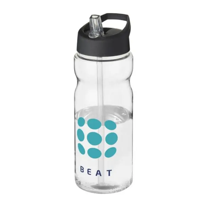 Branded Active Base Tritan Spout Lid Bottle in clear with black lid and printed logo