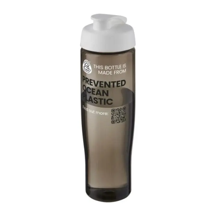 Branded Active Eco Tempo flip Lid Bottle in grey with white lid and printed logo