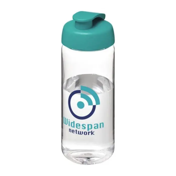 Promotional Active Octave Tritan Flip Lid Bottle in clear with aqua lid and printed logo