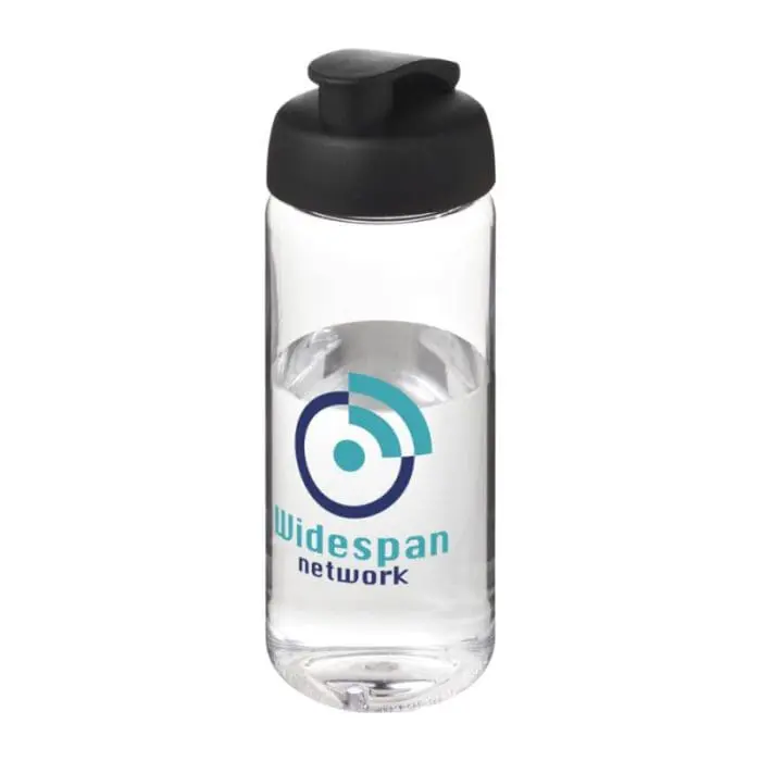 Promotional Active Octave Tritan Flip Lid Bottle in clear with black lid and printed logo