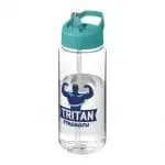 Branded Active Octave Tritan Spout Lid Bottle in clear with aqua lid and printed logo