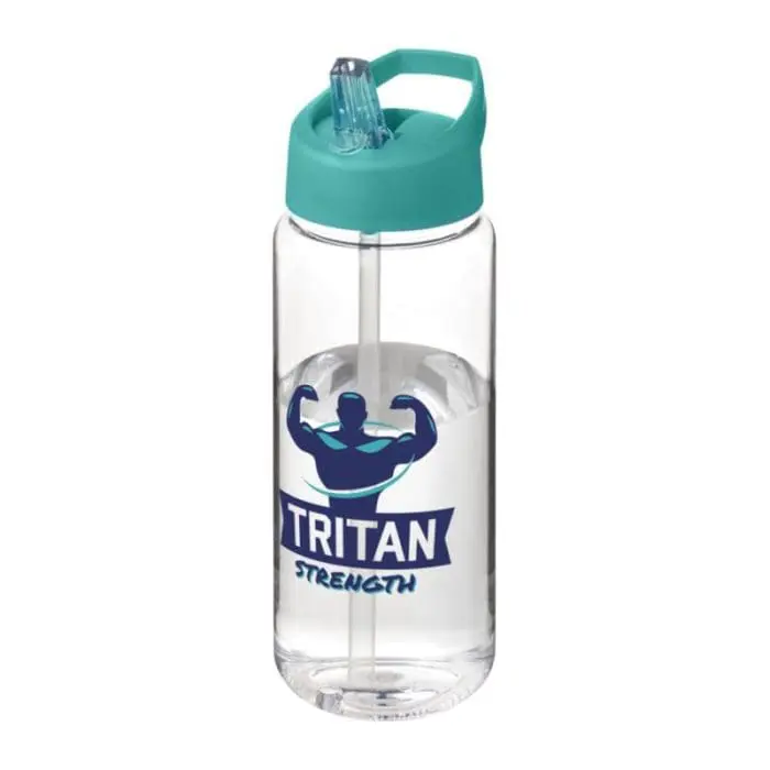 Branded Active Octave Tritan Spout Lid Bottle in clear with aqua lid and printed logo