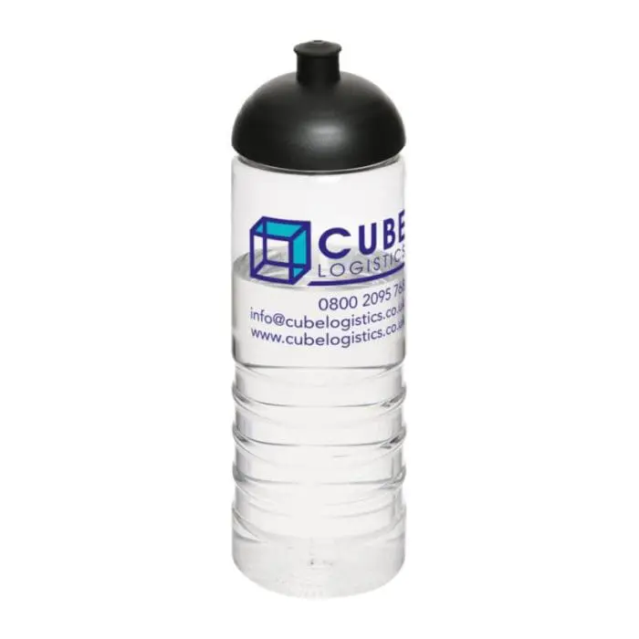 Custom-branded Active Treble Dome Lid Bottle 750ml in clear with black lid and printed logo