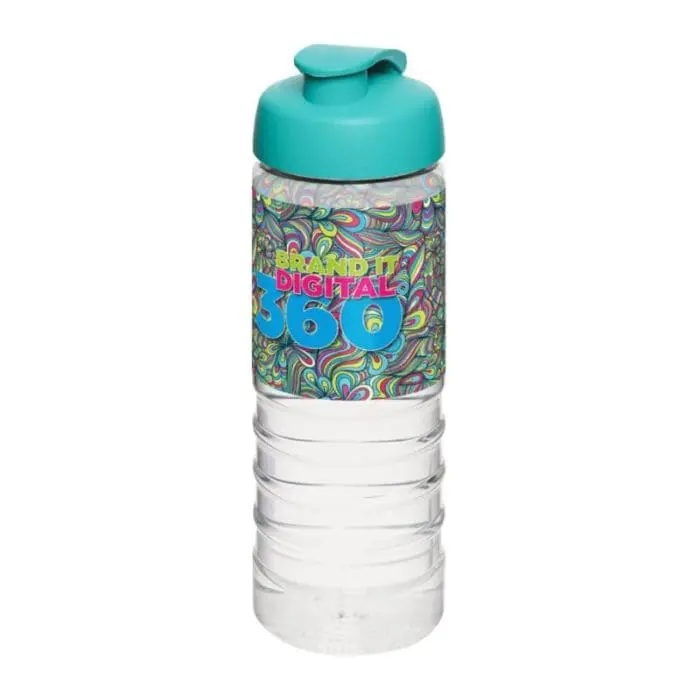 Branded Active Treble Flip Lid Bottle 750ml in clear with aqua lid and printed logo