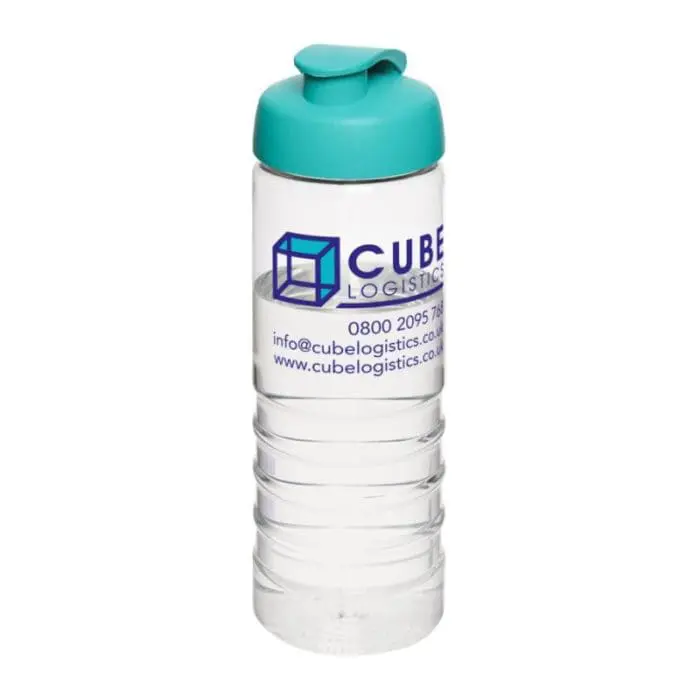 Branded Active Treble Flip Lid Bottle 750ml in clear with aqua lid and printed logo