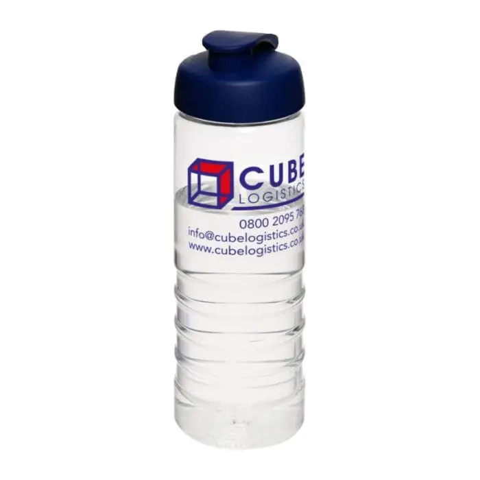 Branded Active Treble Flip Lid Bottle 750ml in clear with blue lid and printed logo