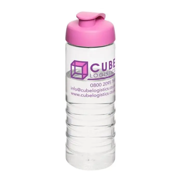 Printed Active Treble Flip Lid Bottle 750ml in clear with pink lid and printed logo