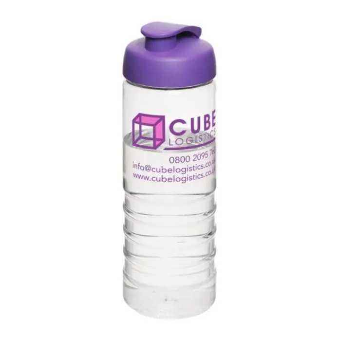 Printed Active Treble Flip Lid Bottle 750ml in clear with purple lid and printed logo