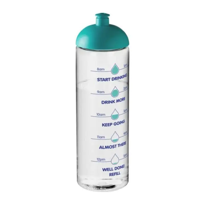 Branded Active Vibe Dome Lid Sport Bottle in clear with aqua lid and printed logo