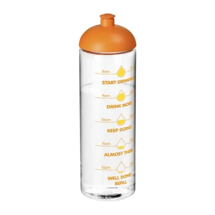 Promotional Active Vibe Dome Lid Sport Bottle in clear with orange lid and printed logo